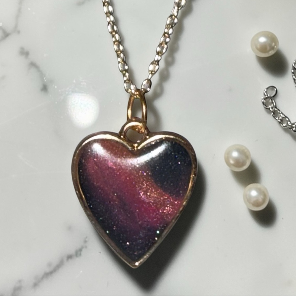 Handmade Resin Heart Necklace Gold Chain Sparkle Pendant Gift